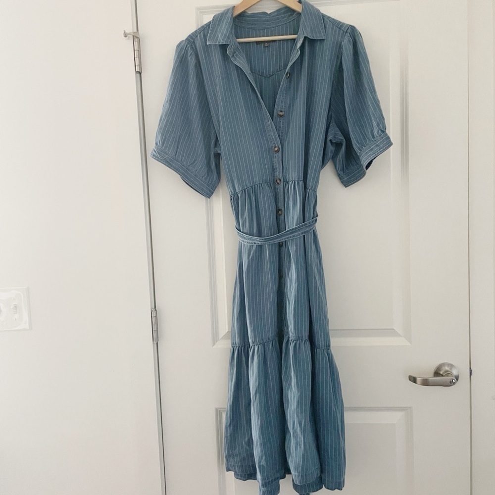 NWOT NYDJ Kate Puff Sleeve Ruffle Denim Midi Shirtdress Light Marine - Picture 4 of 10